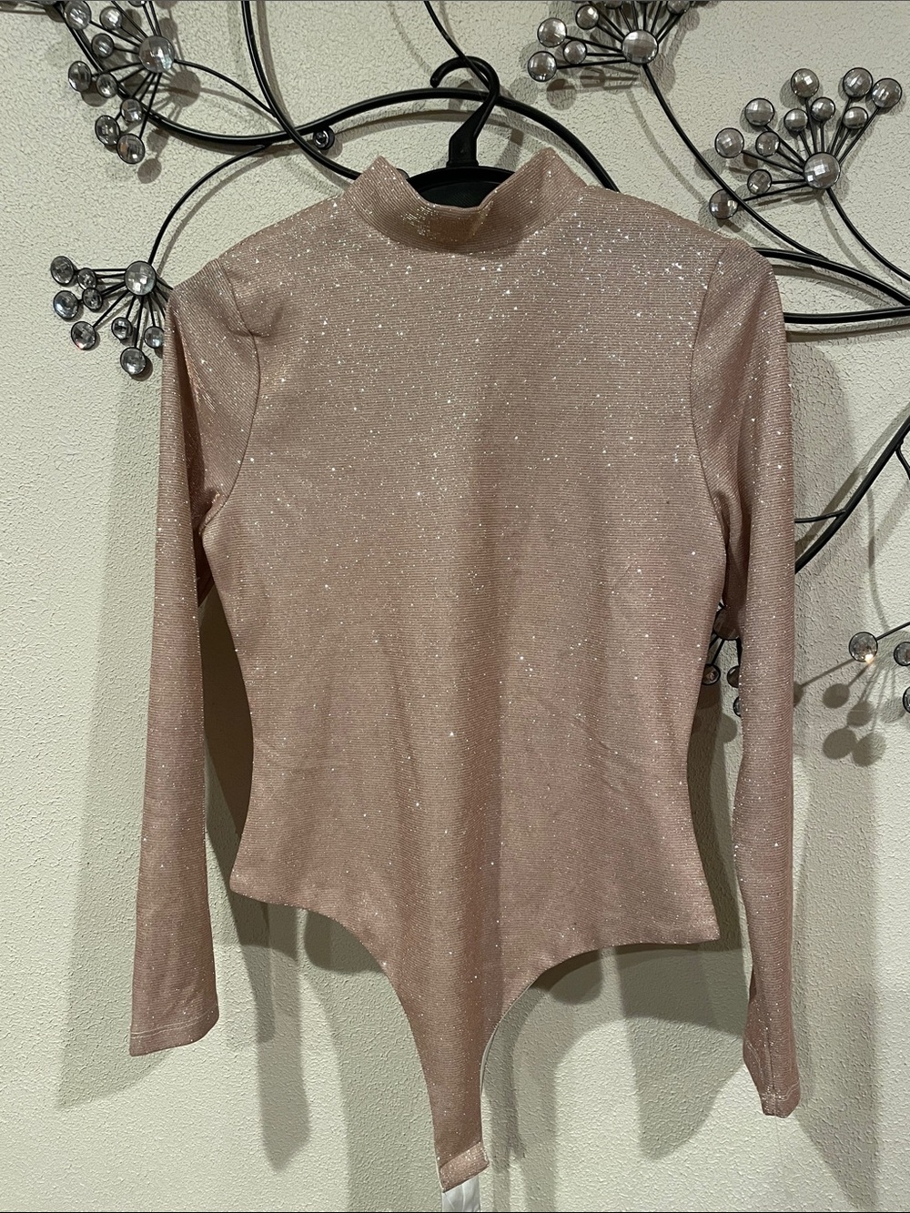 TCEC Champagne Gold Sparkle Mock Neck Long Sleeve stretch Bodysuit
